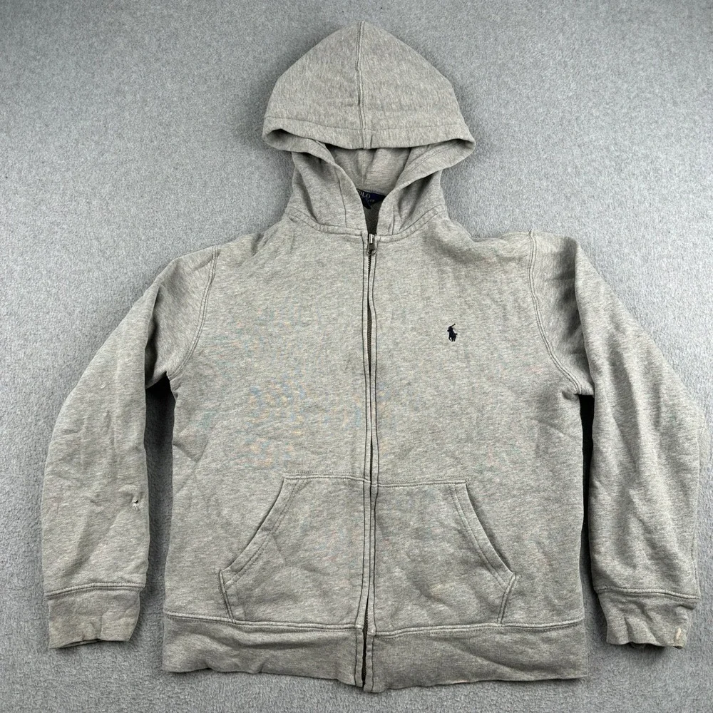 Polo Ralph Lauren Hoodie Kids L 14-16 Full Zip Gray Sweatshirt Pocket Distressed